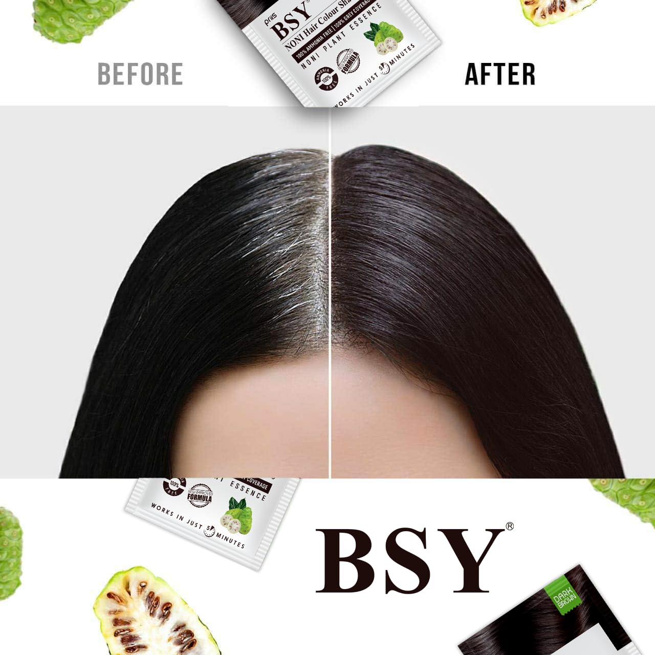 BSY Noni – Champú de color marrón oscuro (0.7 fl oz x 10 bolsitas)  Champú de color de cabello sin amoníaco para hombres  Champú permanente de tinte