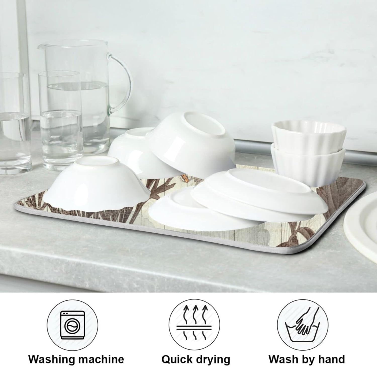 senya Tapete de secado de platos súper absorbente, microfibra de secado rápido, 24 x 18 pulgadas, almohadilla de cocina, diseño floral retro de