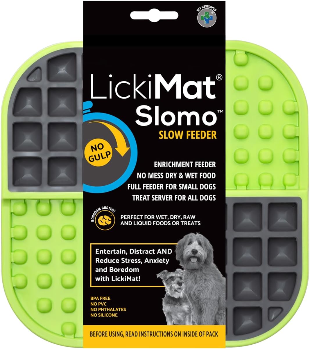 LickiMat Slomo, comederos lentos para perros, reductor de ansiedad y aburrimiento perfecto para alimentos, golosinas, yogur o mantequilla de maní.