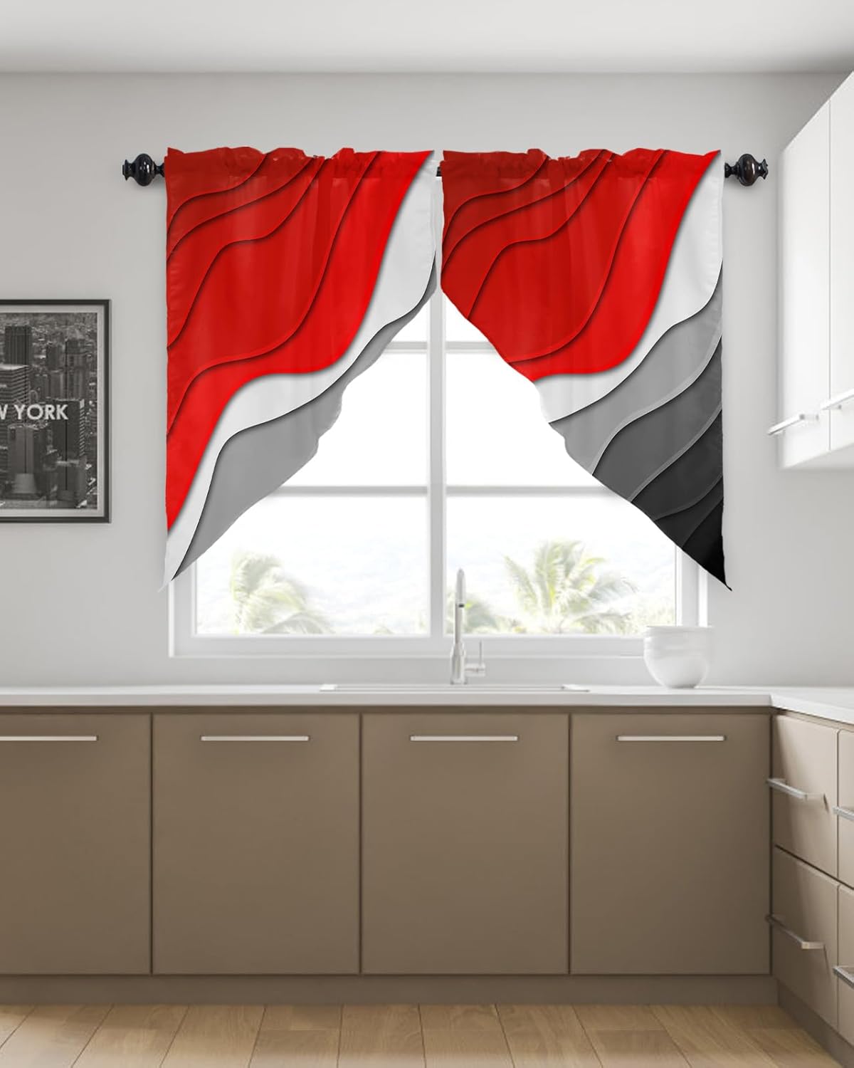 Cenefas con festón para ventanas, color rojo degradado y negro, con bolsillo para cortinero, cortinas de ventana de cocina y granja, cortinas para