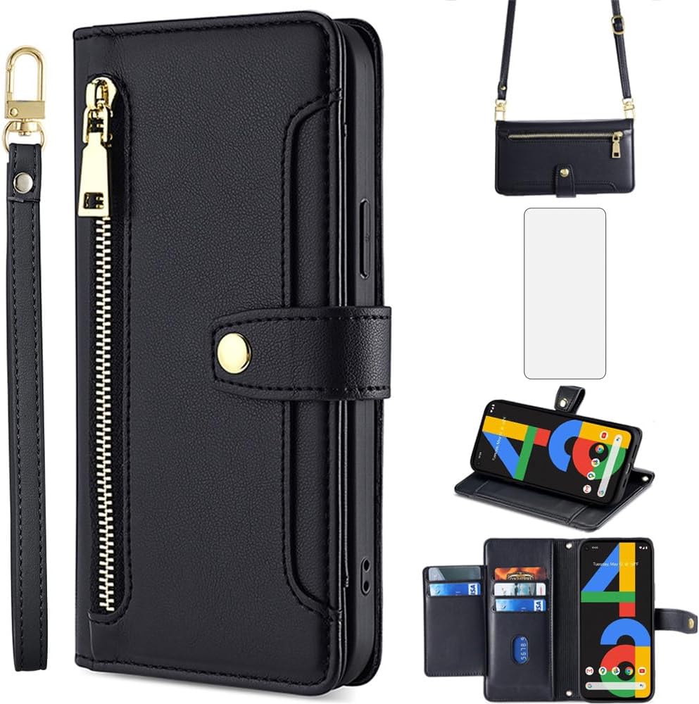 Asuwish Funda para teléfono para Google Pixel 4a 4G Funda tipo cartera y protector de pantalla con cremallera para tarjetero, soporte de cuero,