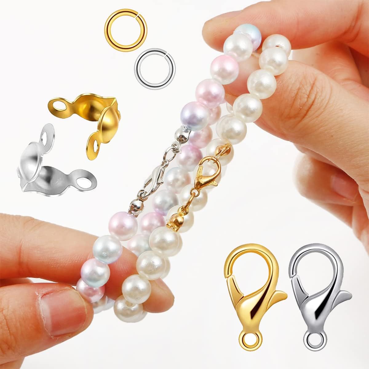 Juego de 1600 accesorios para hacer joyas con 100 piezas de cierre de pinza de langosta, 300 piezas de puntas de cuentas, cubiertas de nudo, 600