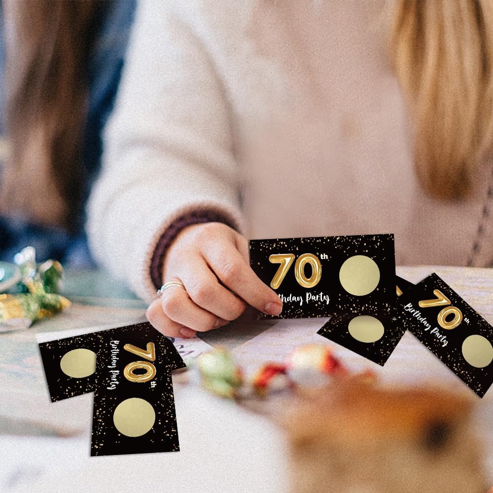 REWIDPARTY Tarjetas de juego para raspar para fiesta de 70 cumpleaños para adultos (32 piezas) en negro y dorado para 70 cumpleaños, suministros