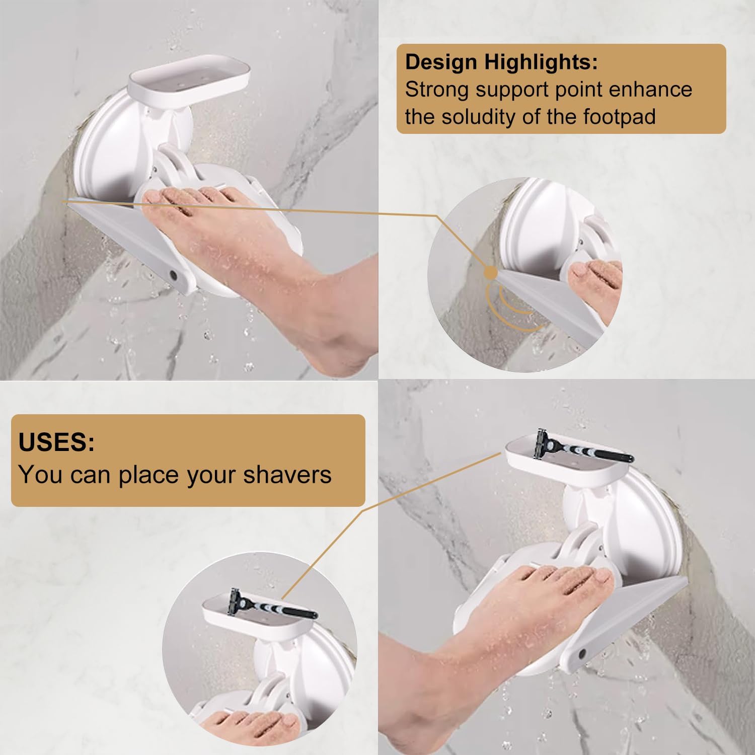 NUNET Reposapiés de ducha con ventosa, pedal de baño antideslizante con calcomanías antideslizantes para ducha, asistente de piernas de afeitado,