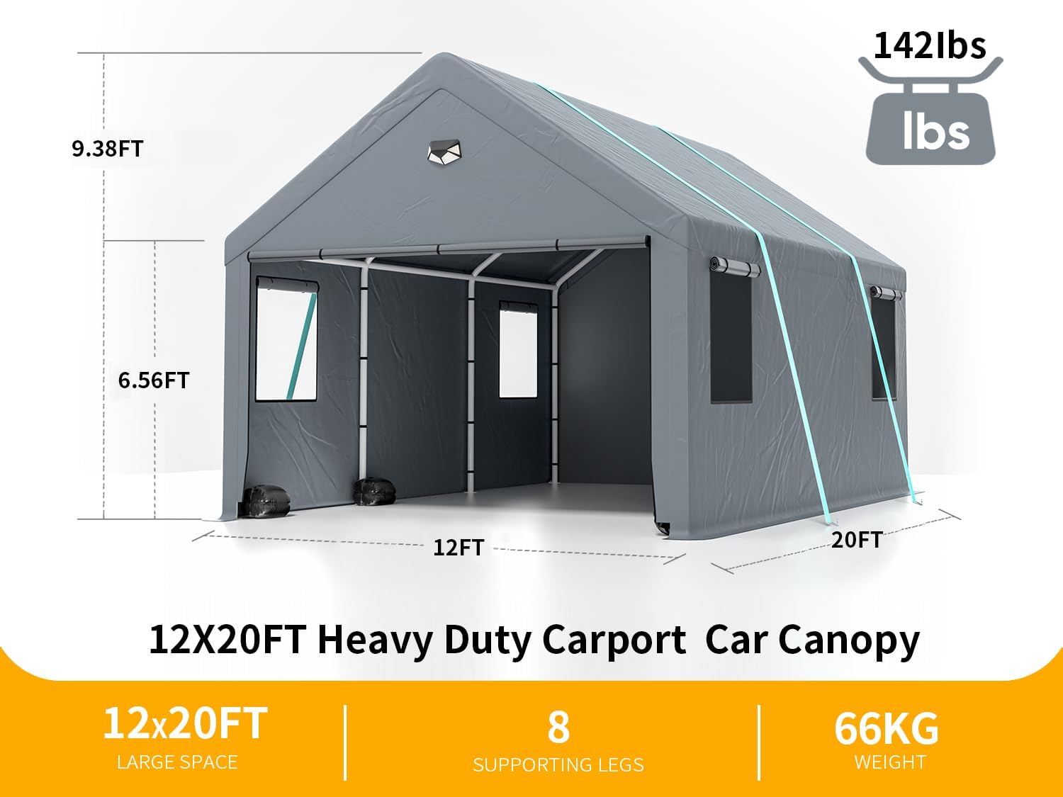 Garaje portátil resistente de 12 x 20 pies, toldo extragrande con ventanas enrollables y cubierta de lona para todas las estaciones, tienda de