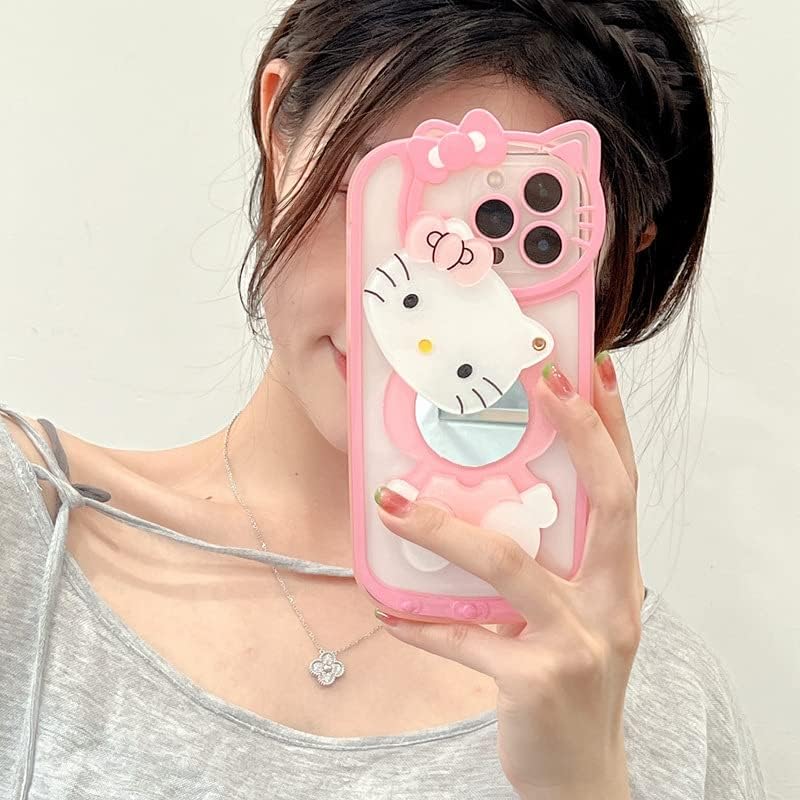 Olntun for iPhone 11 Cute Cartoon Cat Case,3D Bow Kawaii Pink Cartoon Cat Face Makeup Mirror Women Girls Kids Soft TPU Clear Protective Phone Cover