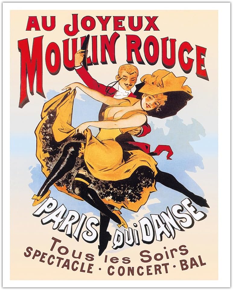 Au Joyeux Moulin Rouge (Happy at The Moulin Rouge) – Cabaret de baile – París, Francia – Póster vintage de teatro c.1890s – Impresión de papel mate