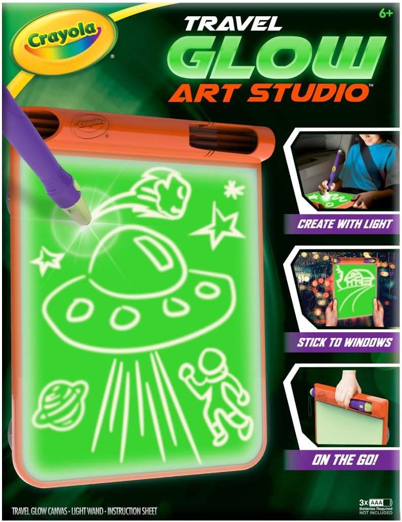 Crayola Travel Glow Art Studio, juguetes que brillan en la oscuridad, regalos para niños y niñas de 6, 7, 8, 9 años