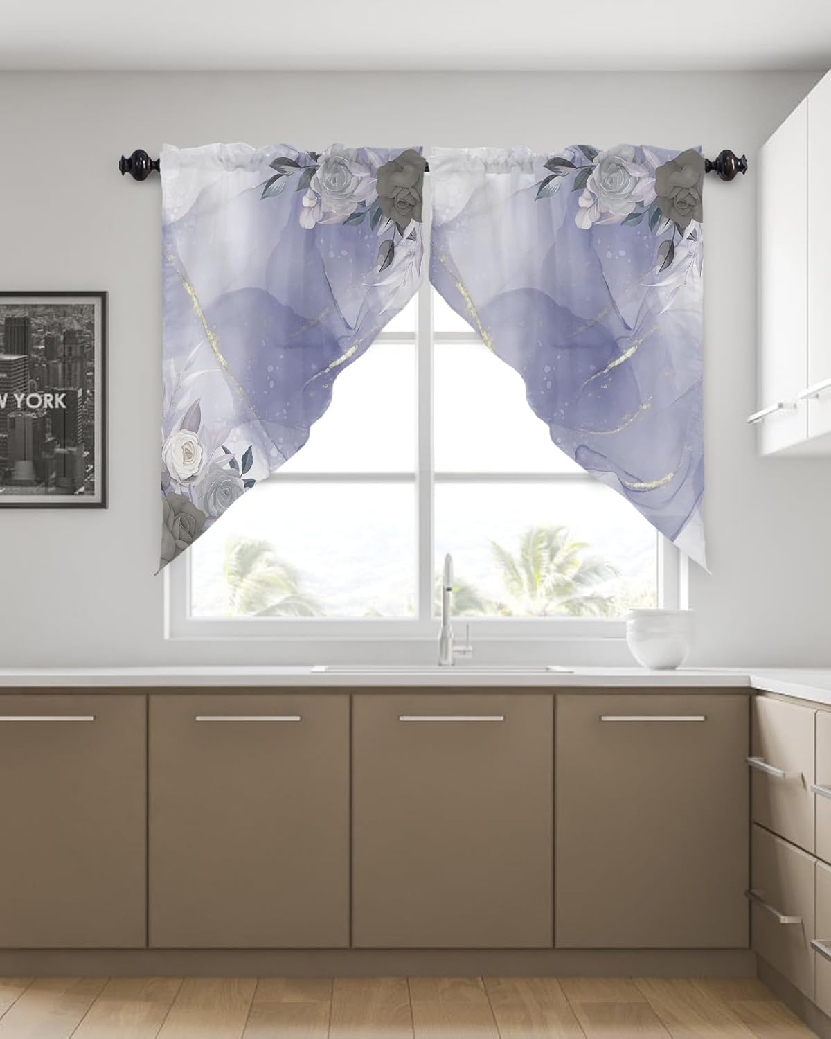 Cortina con estampado de flores en mármol morado, cenefas de cocina, cortinas con bolsillo para barra, par de niveles, con estampado floral de