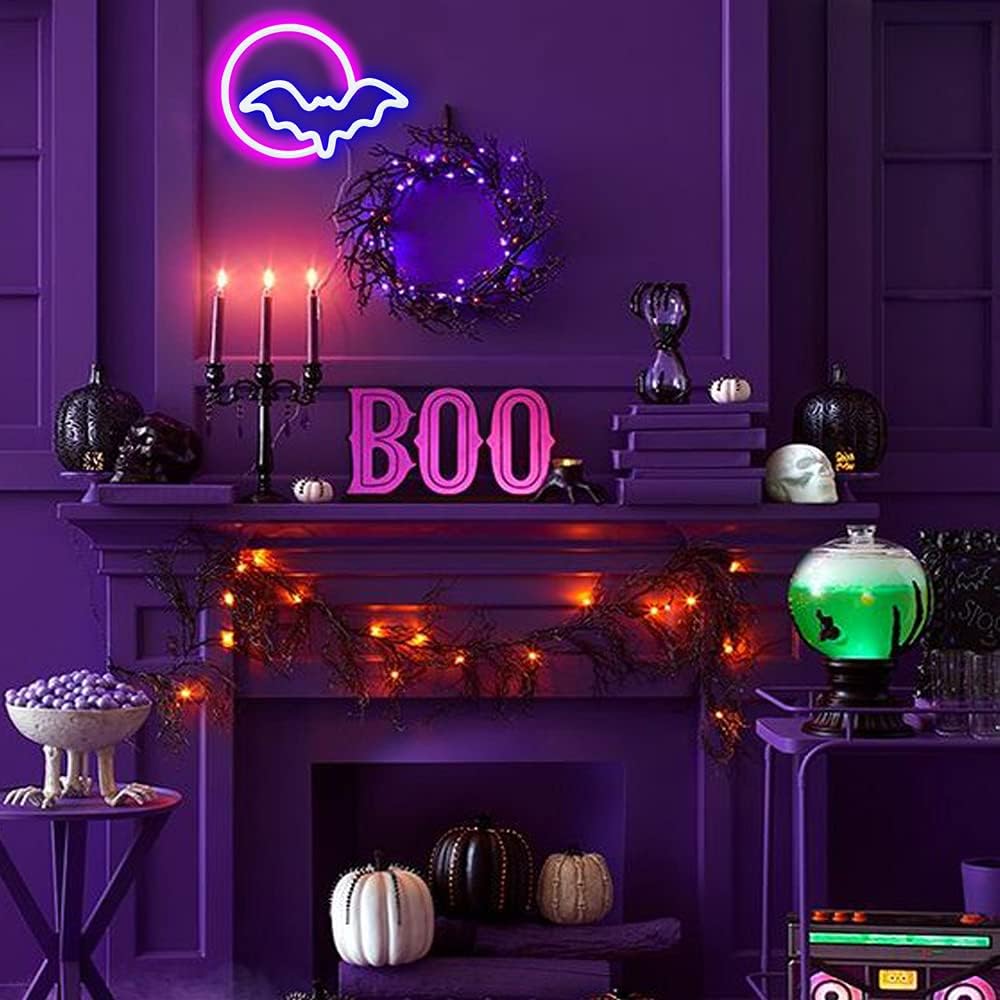 SEMETOR Letreros de neón, luces de neón LED de luna y murciélago, letrero de luz de neón para pared, USB, funciona con pilas, para decoración de