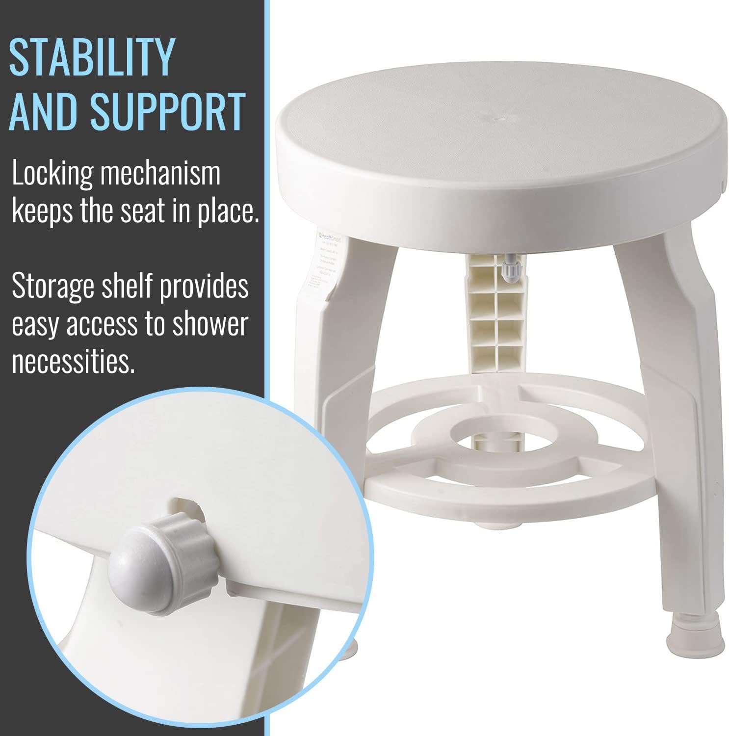 HealthSmart Swivel Shower Stool Seat with Storage Shelf, Rotating Shower Chair for Bathtub, Tool-Free Assembly, White
