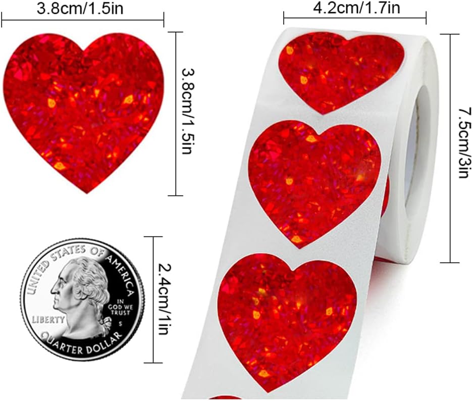 500 calcomanías de corazón con purpurina para niños, calcomanías de corazón rojo de San Valentín de 1.5 pulgadas, calcomanías de amor para álbumes
