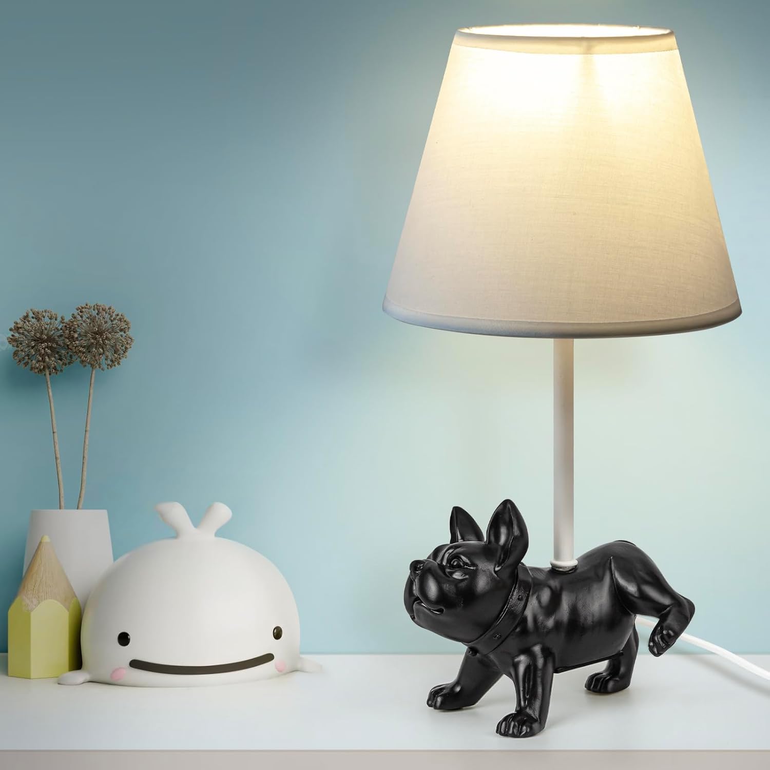HERBESTBAY Lámpara de mesa para niños, adorable lámpara de escritorio estilo bulldog francés de 13 pulgadas, lámpara de noche de perro negro, ideal