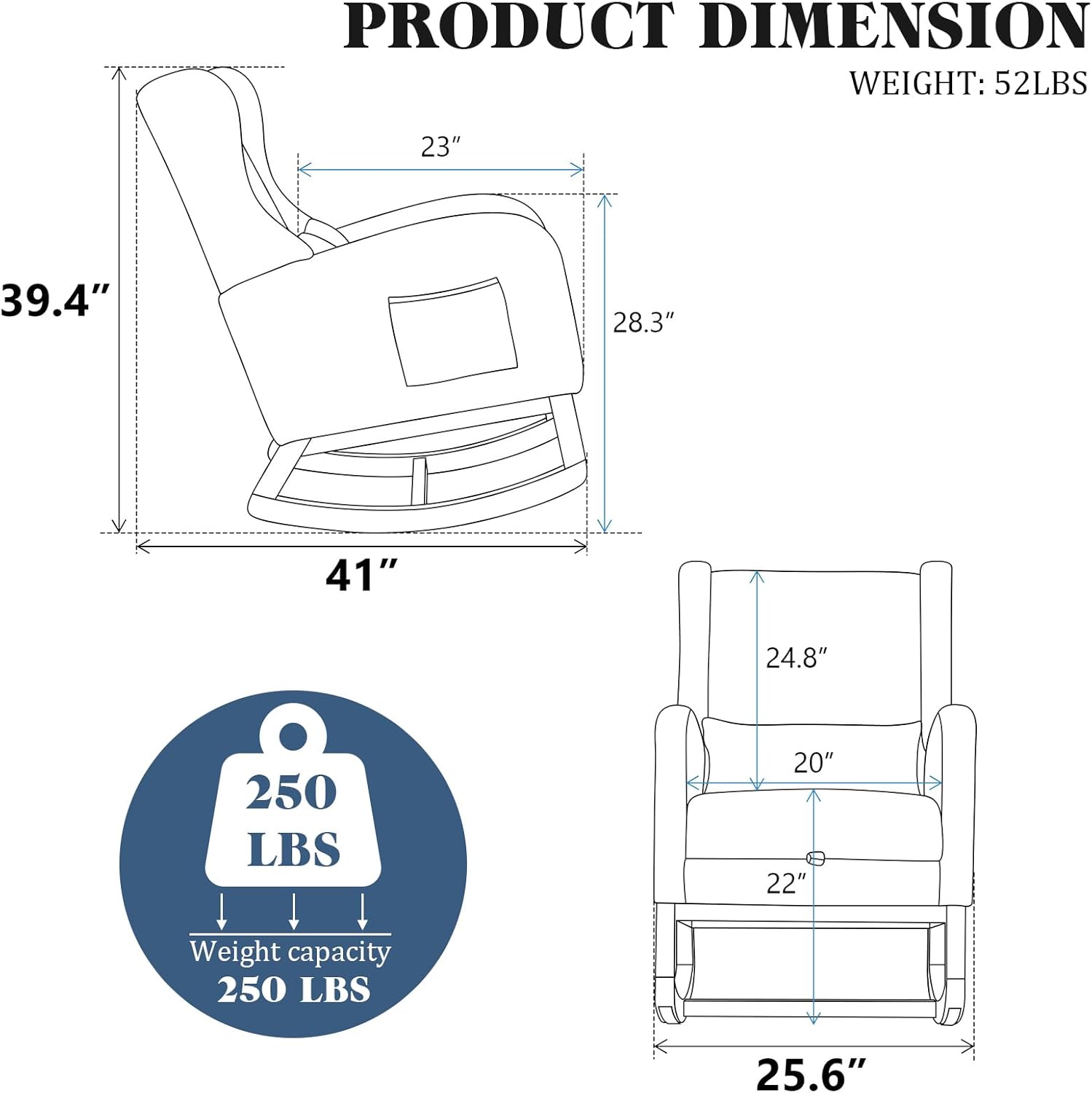 Dxacvkc Mecedora de poliéster con reposapiés ajustable, mecedora de respaldo alto con bolsillo lateral, almohada, silla decorativa con respaldo
