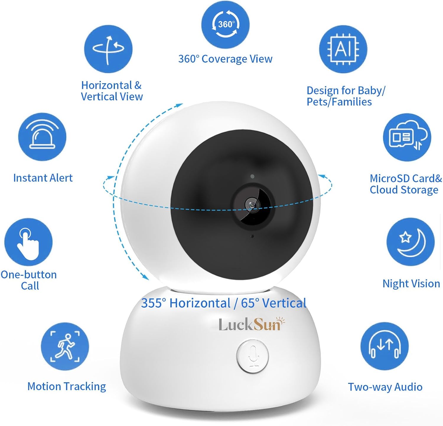 LuckSun Cámara WiFi de seguridad 2K 1296P para interiores, inalámbrica, un botón, conversación de 2 vías, PTZ, seguimiento inteligente, cámara para