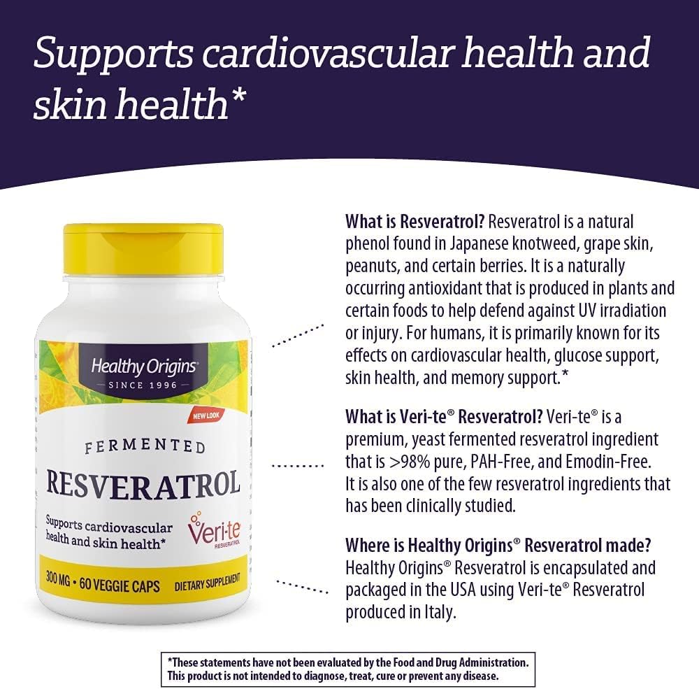 Healthy Origins Resveratrol (Trans-Resveratrol), 300 mg – Suplementos nutricionales de resveratrol europeos – Suplemento antioxidante vegano, sin