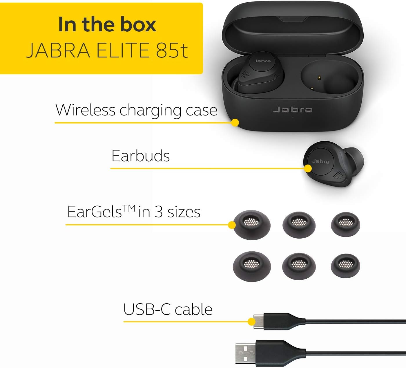 Jabra Elite 85t True Wireless Advanced – Auriculares de cancelación de ruido activos, color negro