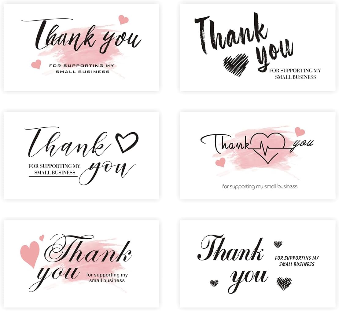 KIUKIUO 300 tarjetas de visita pequeñas de agradecimiento, 6 estilos de agradecimiento por notas de apoyo, tarjetas de felicitación de