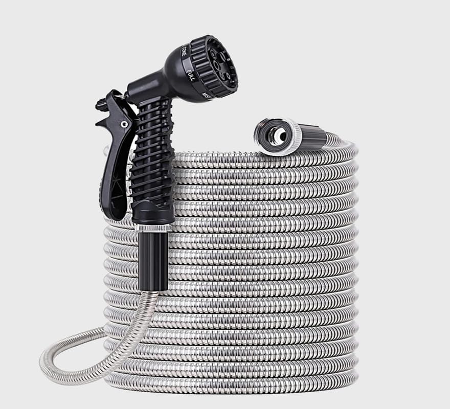 Manguera de jardín de metal de 25 pies con accesorios de conector de aluminio de 34 pulgadas, manguera de jardín de acero inoxidable expandible de
