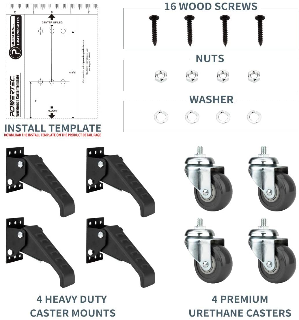 POWERTEC Juego de 4 ruedas para banco de trabajo con opciones de montaje lateral y cargas de 400 libras, ruedas retráctiles de 2-12 pulgadas para