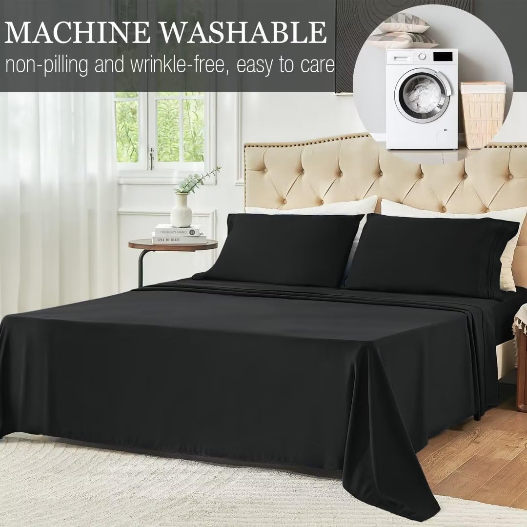Juego de sábanas negras de tamaño matrimonial, juego de sábanas bajeras y fundas de almohada de bolsillo profundo, 4 piezas de microfibra de
