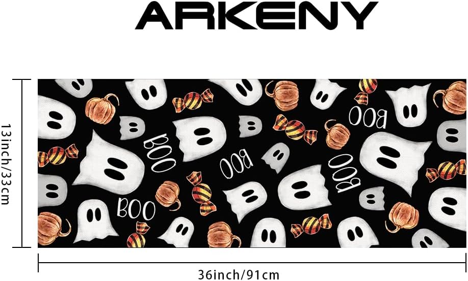 ARKENY Camino de mesa de Halloween de 13 x 36 pulgadas, calabaza espeluznante fantasma Candy Boo, arpillera de temporada para interiores, cocina,