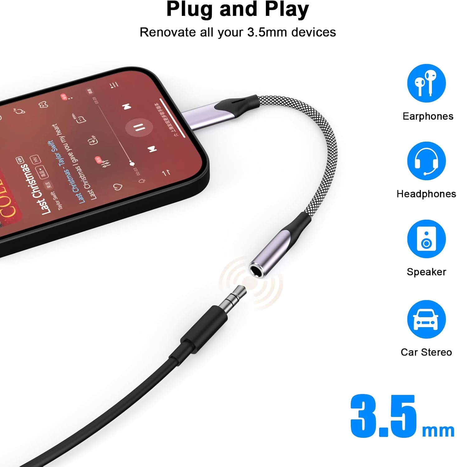 Certificado MFi de Apple Adaptador Lightning a conector de auriculares de 0.138 in, paquete de 2 auriculares trenzados para iPhone de 0.138 in,