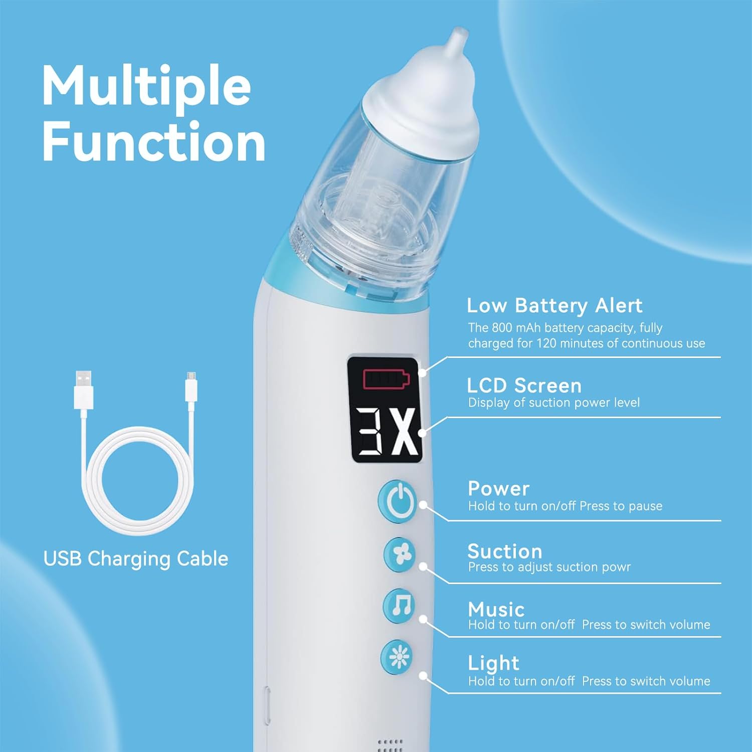 Aspirador nasal para bebé, aspirador nasal eléctrico para bebé, chupón de nariz recargable con 3 puntas de silicona, succión ajustable de 3 niveles,