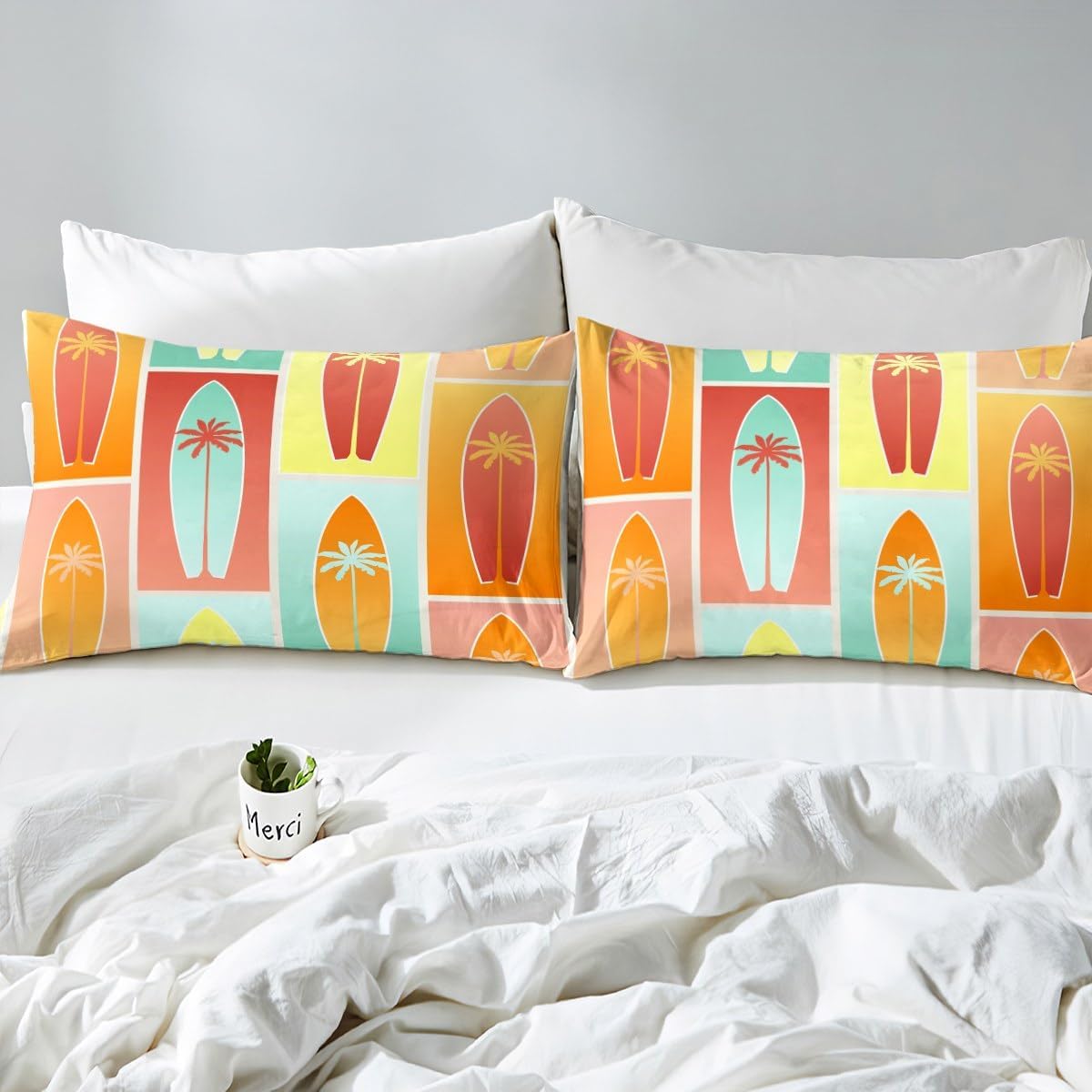 Manfei Juego de funda de edredón de tablas de surf de verano para niños, tamaño matrimonial, juego de ropa de cama de palmeras tropicales de 3