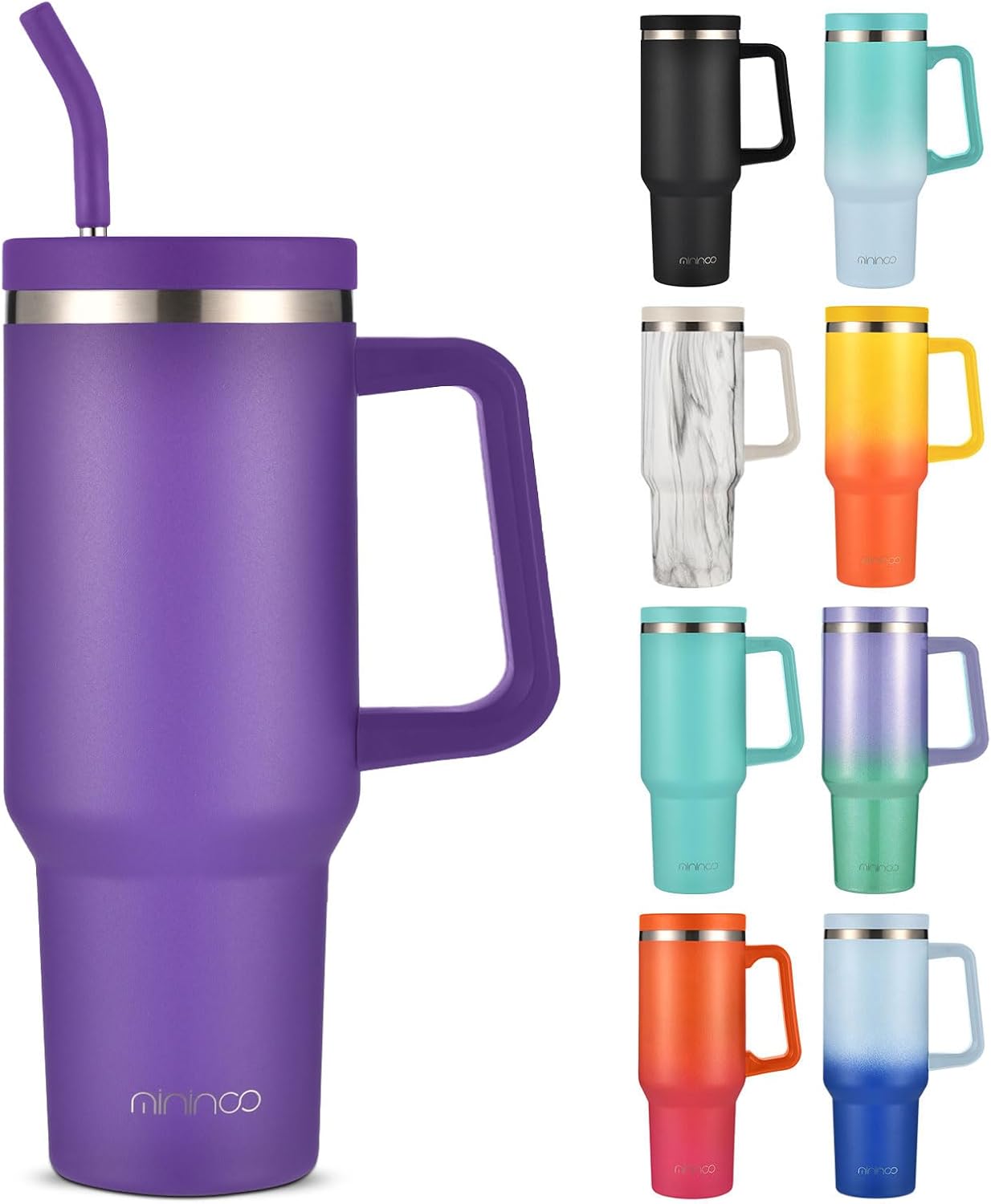 Vaso de 40 onzas con asa y tapa con popote, taza de café aislada de acero inoxidable, tapa a prueba de fugas y popote para portavasos de automóvil