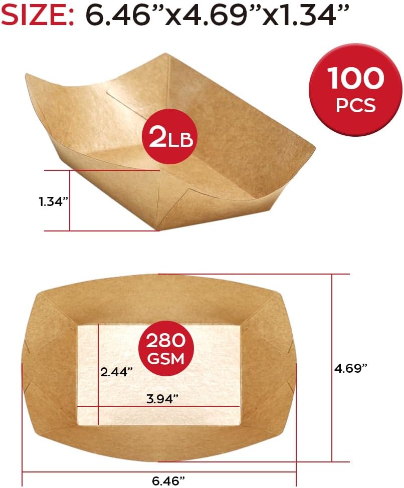 Pro.me Paquete de 100 bandejas de papel de 2 libras, bandejas desechables para servir barcos resistentes a la grasa para fiestas y eventos,