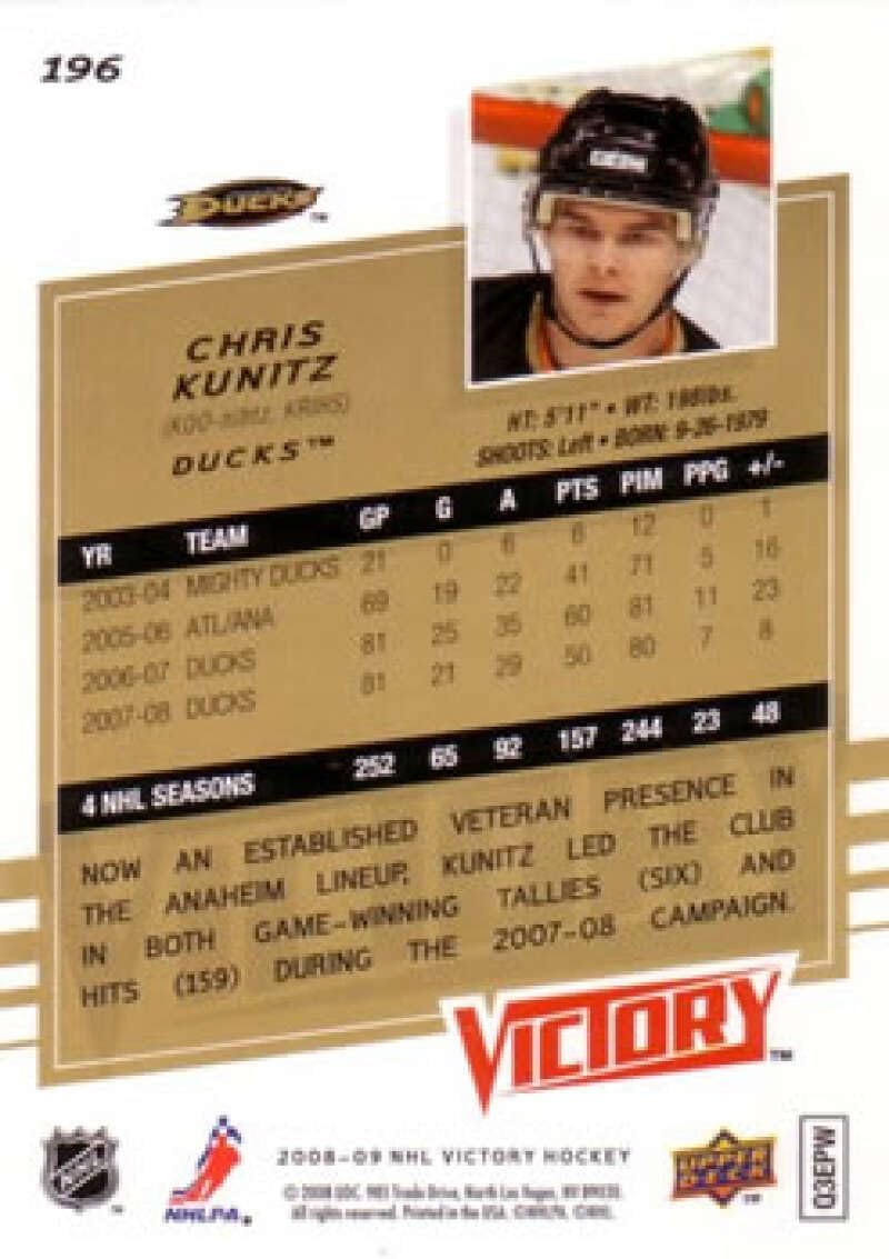 2008-09 Upper Deck Victory Hockey #196 Chris Kunitz Anaheim Ducks Official NHL Trading Card (Stock Photo Shown, Near Mint or Better Condition)