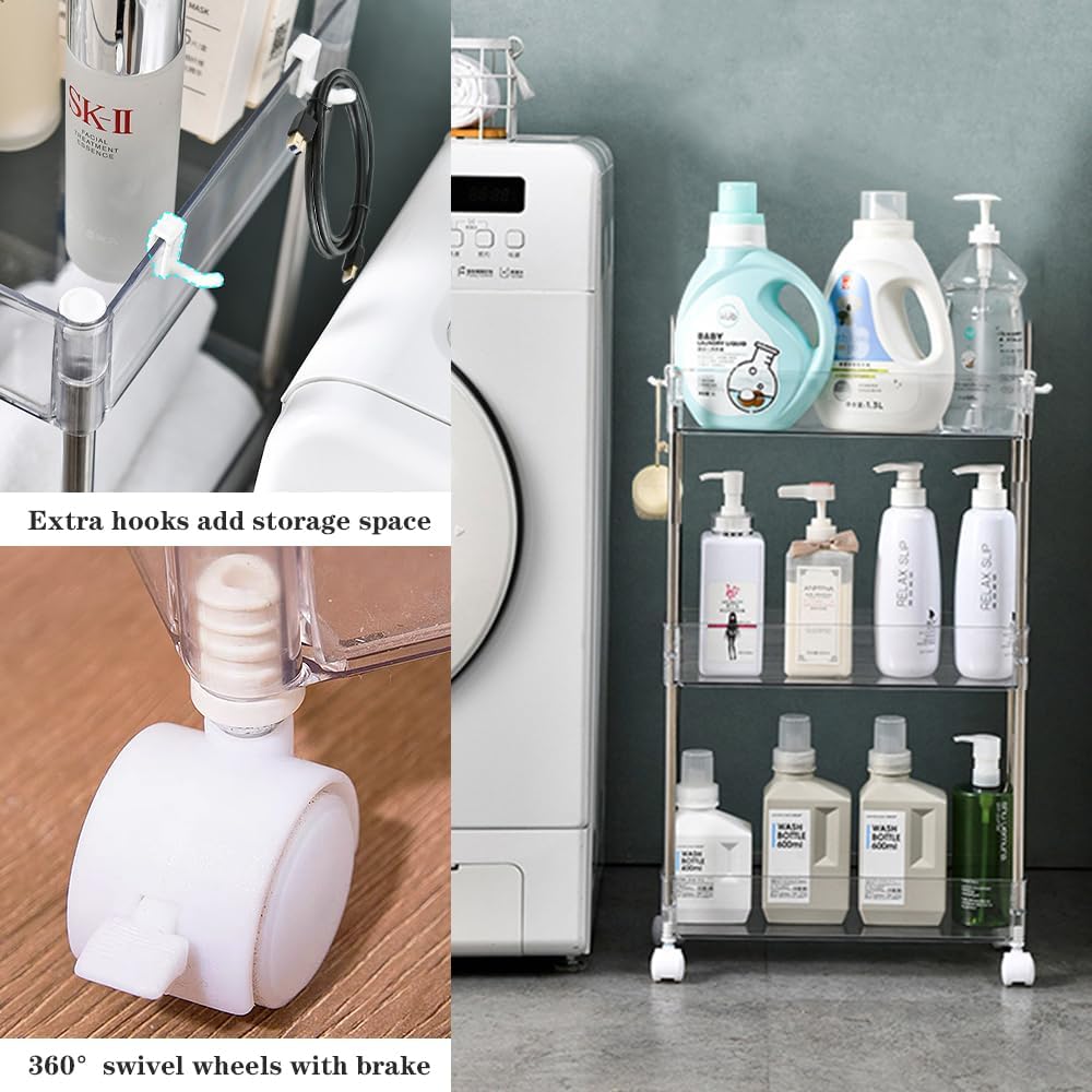 Carrito de almacenamiento versátil y transparente, diseño delgado, organizador multiusos de 3 niveles para cocina, baño, oficina y más (delgado de 3