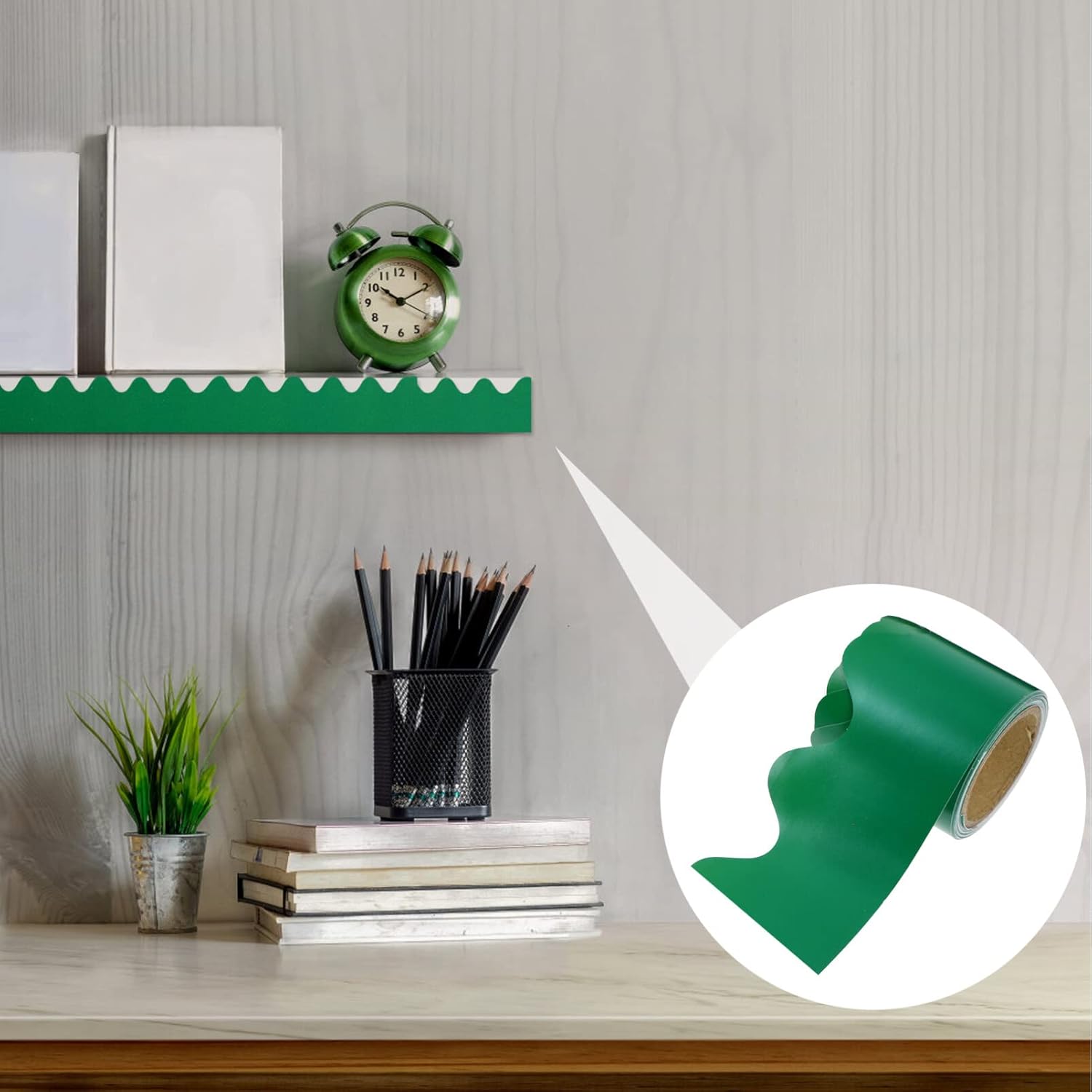 Borde de pizarra de 16 pies, borde de tablón de anuncios verde para aula, borde enrollado festoneado para tablero de corcho para aula, tablero de