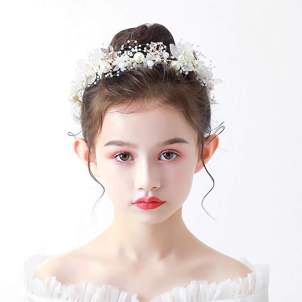 PRDGIRL Diadema de boda para niñas de flores, cuentas de cristal de perlas de diamantes de imitación, accesorios para el cabello de vid dorada para