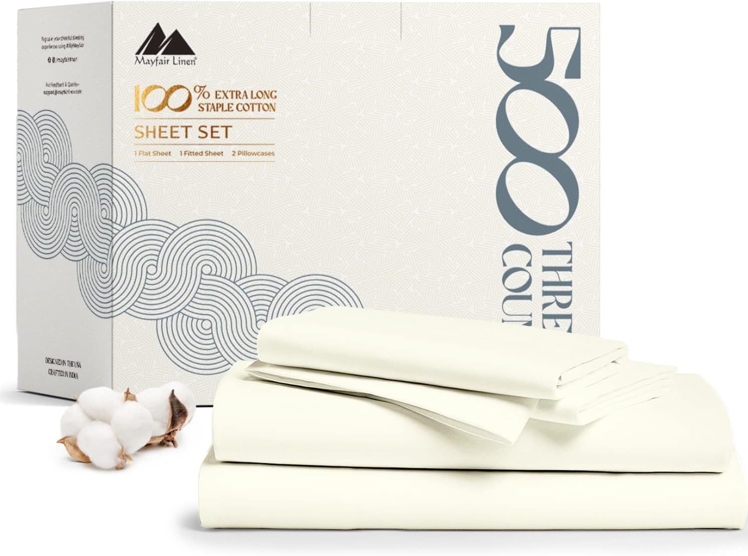 Mayfair Linen Juego de las mejores sábanas de algodón peinado de fibras largas de 500 hilos tamaño Queen, juego de sábanas profundas de 4 piezas