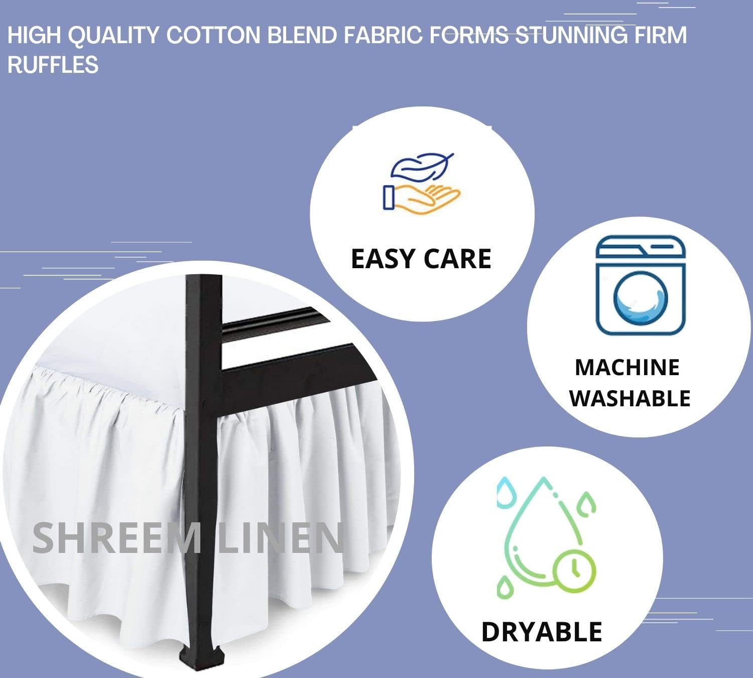 Shreem Linen Falda de cama con volantes con esquinas divididas, color blanco, falda de cama Queen, estilo recogido, fácil ajuste de hasta 15