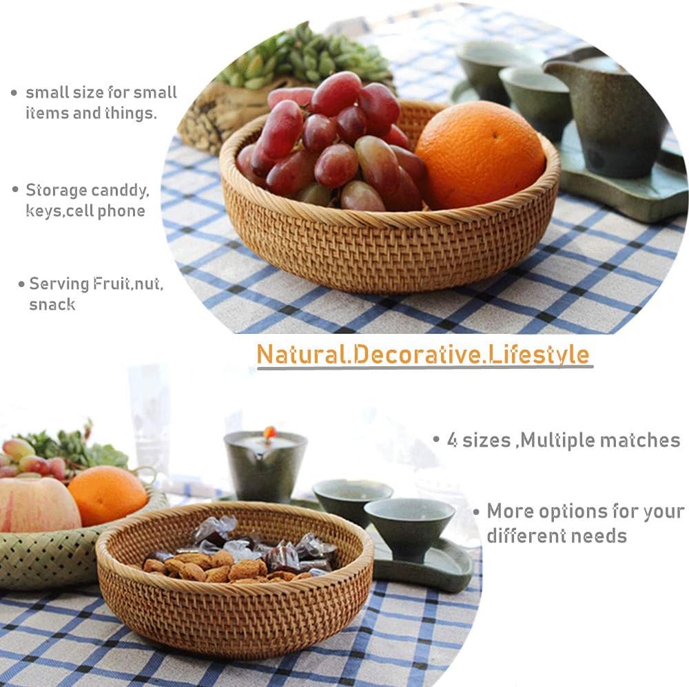 amololo Hadewoven – Cesta redonda de ratán para frutas, bandeja de mimbre para alimentos, soporte de almacenamiento para comedor, bandeja pequeña de