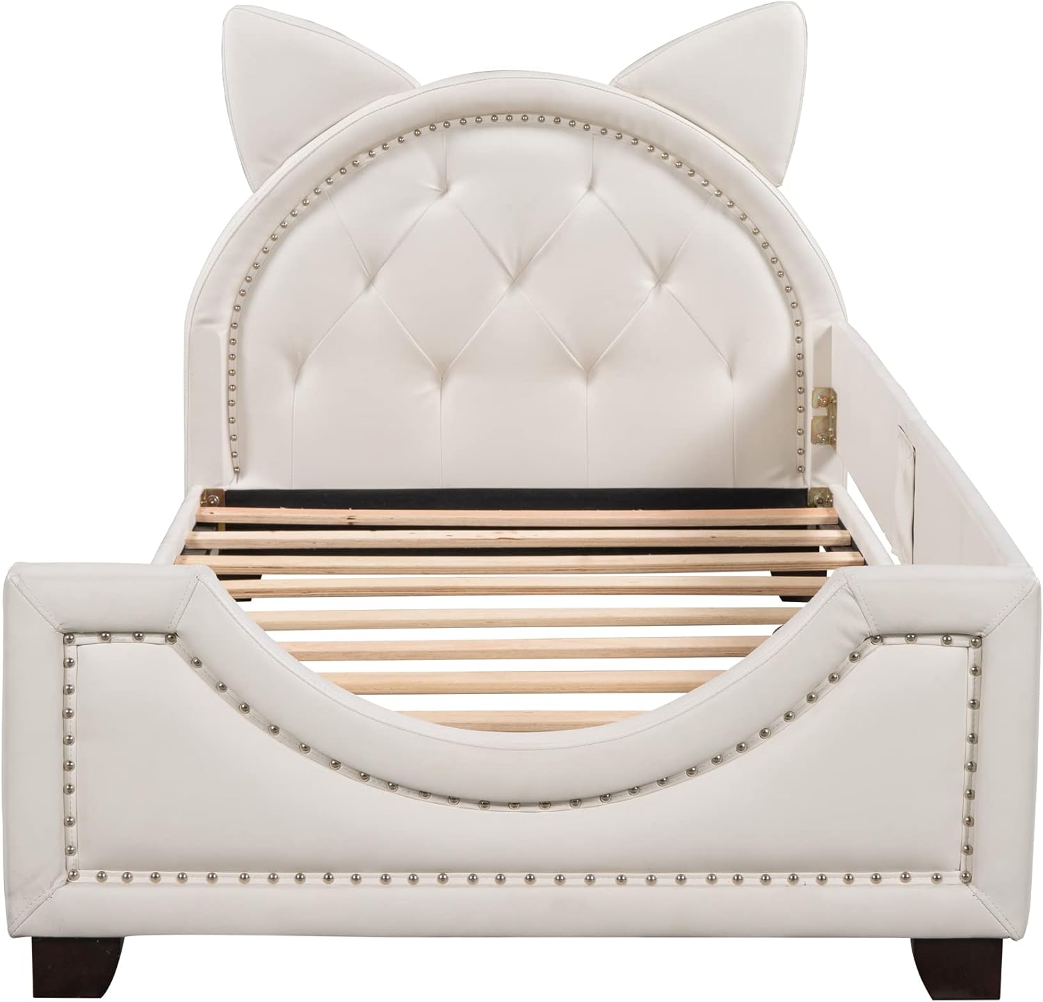 Cama individual tapizada blanca con cabecero copetudo en forma de orejas, base de cama de plataforma baja con rieles para niños, niñas, niños y