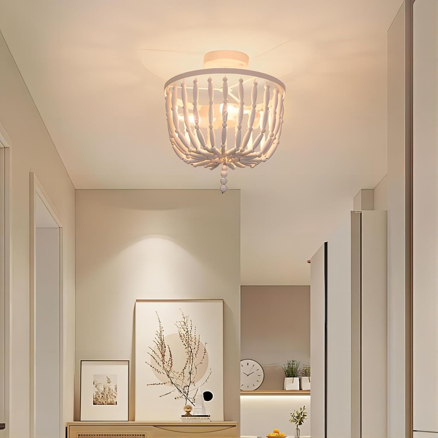 Lámpara de techo con cuentas de madera, estilo bohemio, 3 luces, semiempotrada, lámpara de techo blanca para sala de estar, dormitorio, guardería,
