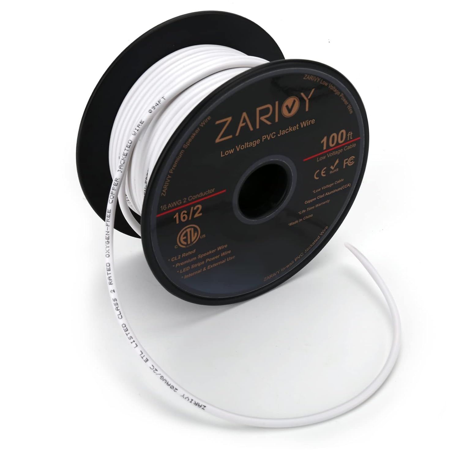 100 pies de calibre 16 2 conductores de cable rojo negro con chaqueta blanca CL2 resistente al fuego, cable de conexión eléctrica de 16 AWG, tiras