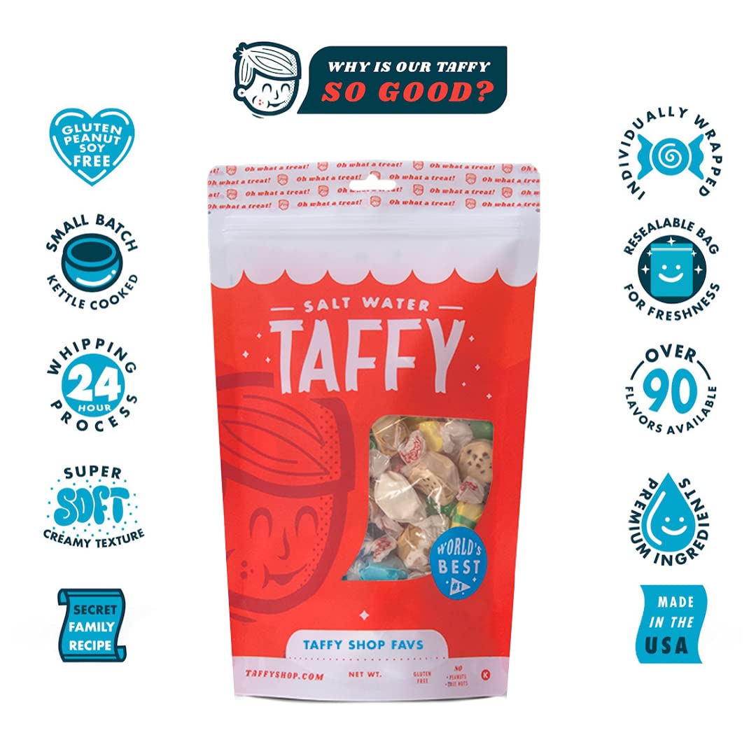 Taffy Shop Caramelos de agua salada “Favorites Mix”, varios sabores a granel de caramelo salado, bolsa temática única de 25 piezas de dulces gourmet