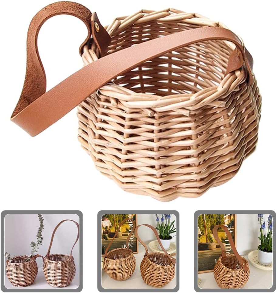 Cestas tejidas de mimbre con mango de cuero, cestas de flores para niñas, cesta de almacenamiento de dulces para boda, fiesta, decoración del hogar