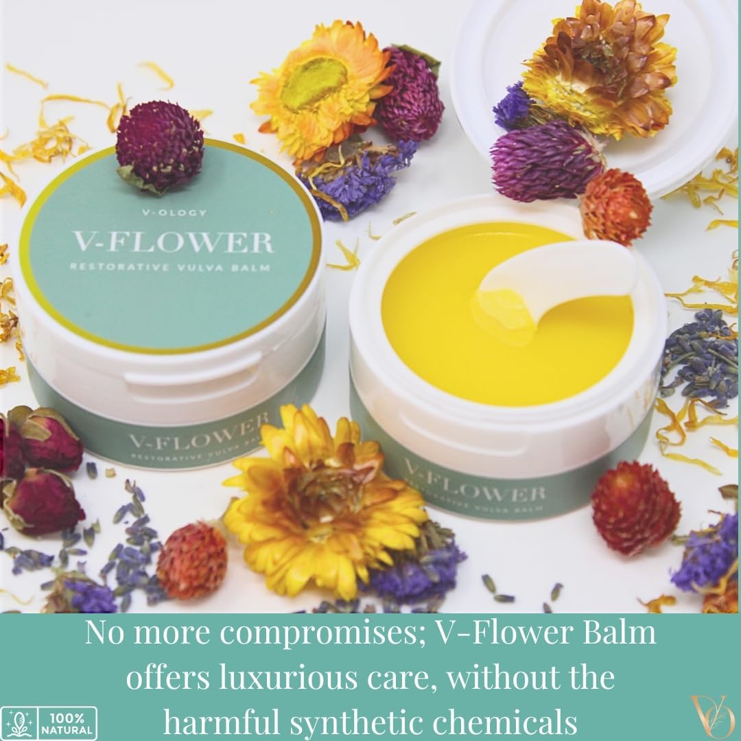 V-Ology V-Flower Balm – Bálsamo orgánico vulva, alivia la sequedad femenina, picazón, enrojecimiento, ardor, olor, rozaduras e irritación,