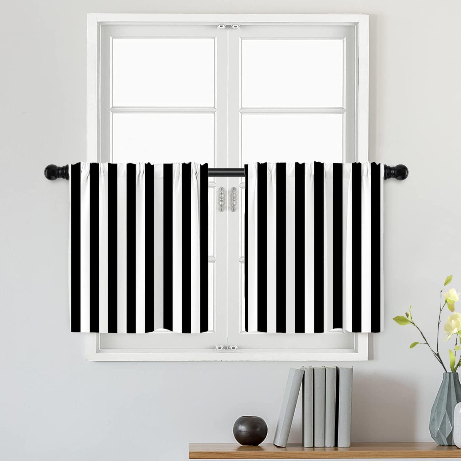 Batmerry Cortinas negras modernas y sencillas a rayas, con diseño geométrico de cebra en negro y blanco, cortina de cocina corta de poliéster para