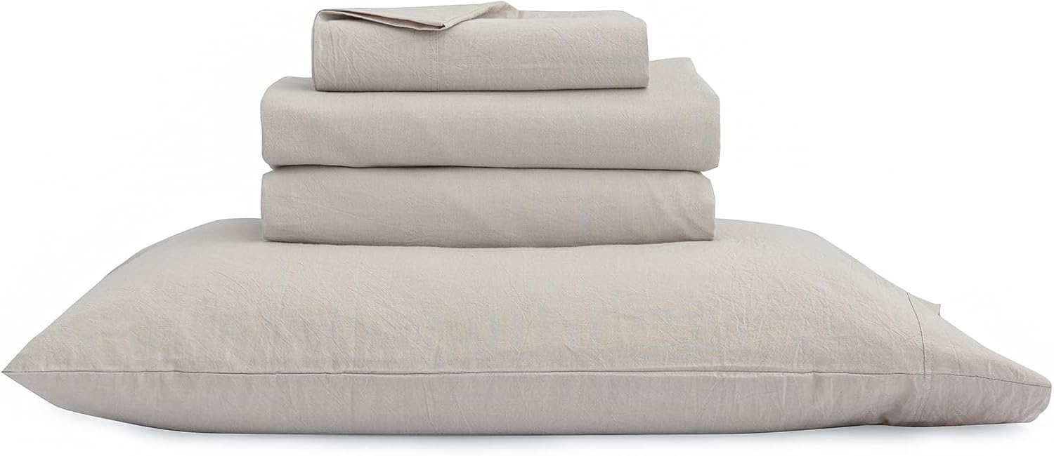 BESTOUCH Juego de sábanas 100% algodón lavado, tacto súper suave, cómodo, elegante, ligero, juego de ropa de cama de 4 piezas, lino sólido, gris,
