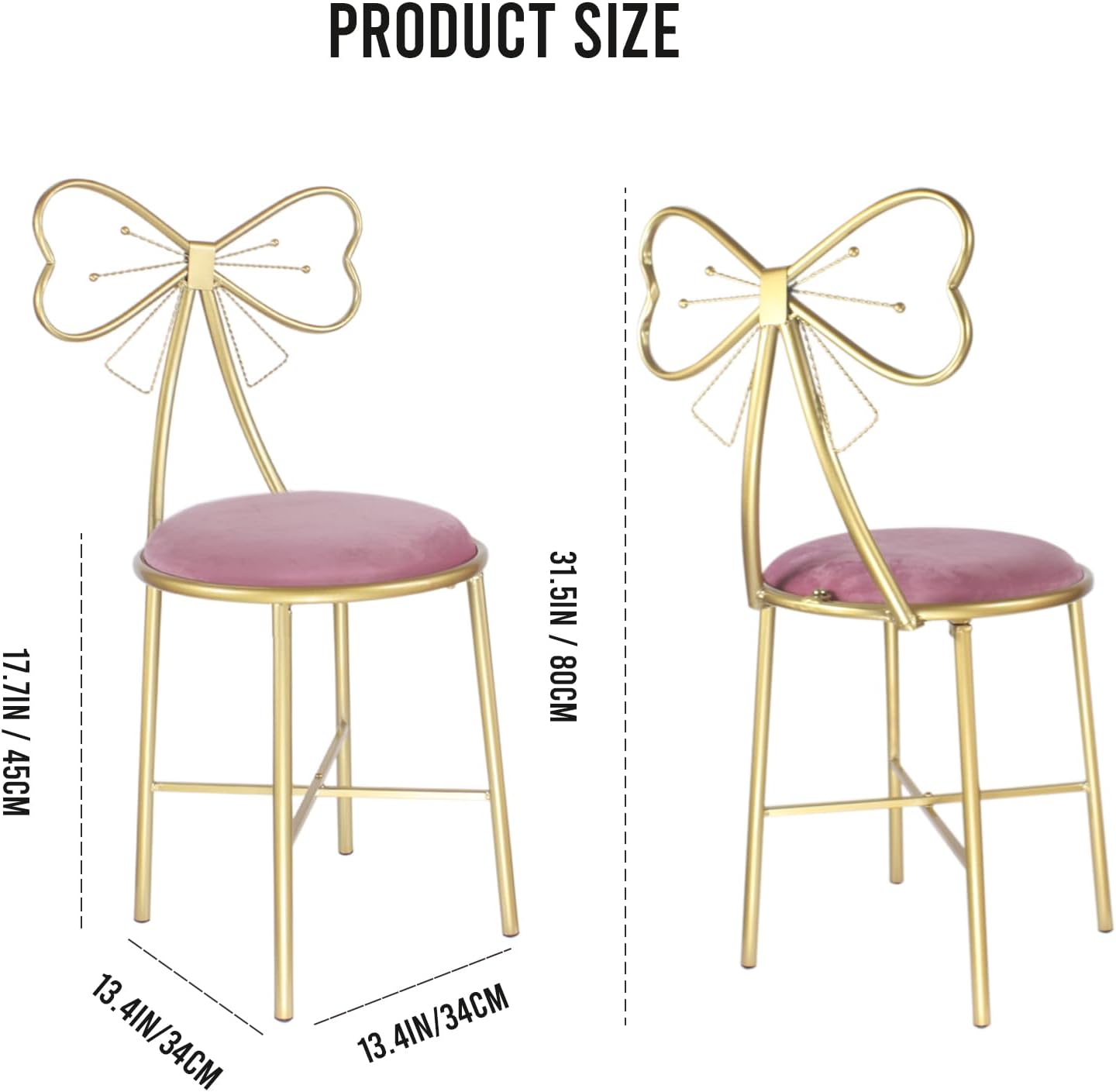 Puclekne Silla de tocador para maquillaje, moderna silla de terciopelo con diseño de mariposa, linda silla rosa con nudo de lazo para niñas con pata