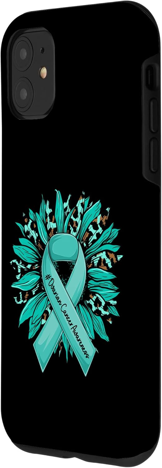 Funda para concientización sobre el cáncer de ovario con cinta verde azulado y leopardo para iPhone 11