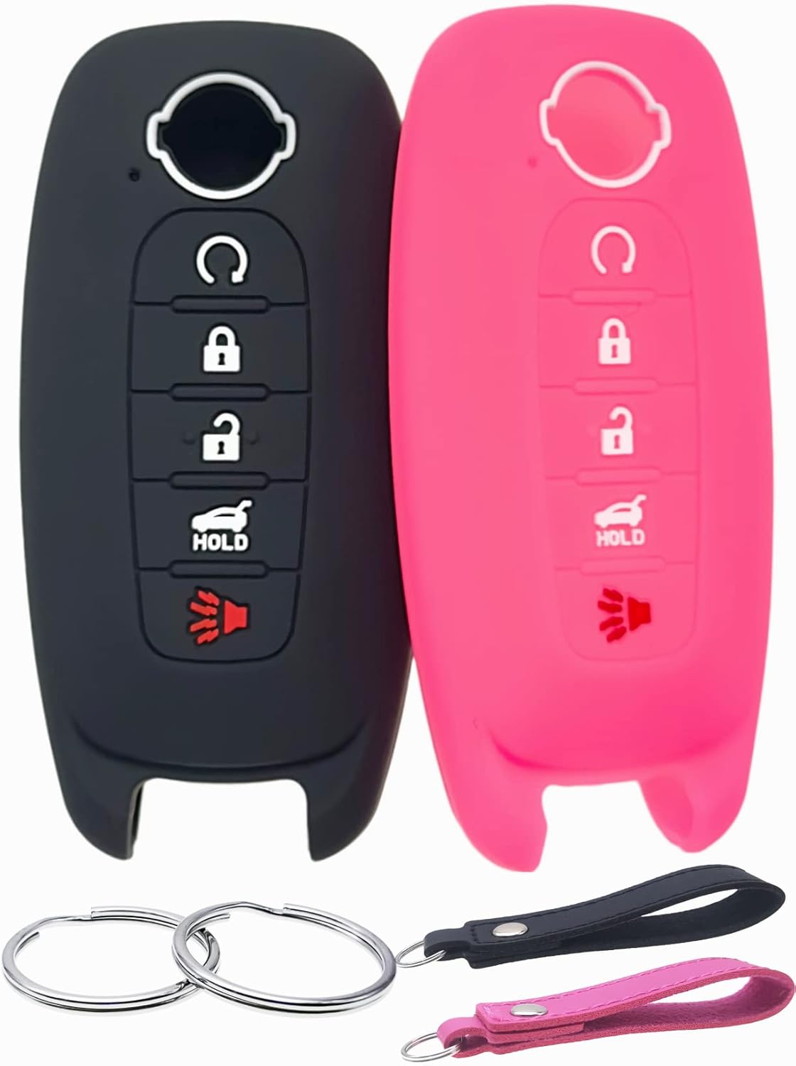 REPROTECTING Funda de goma de silicona para llavero compatible con Nissan Pathfinder Rogue (5 botones, negrorosa)