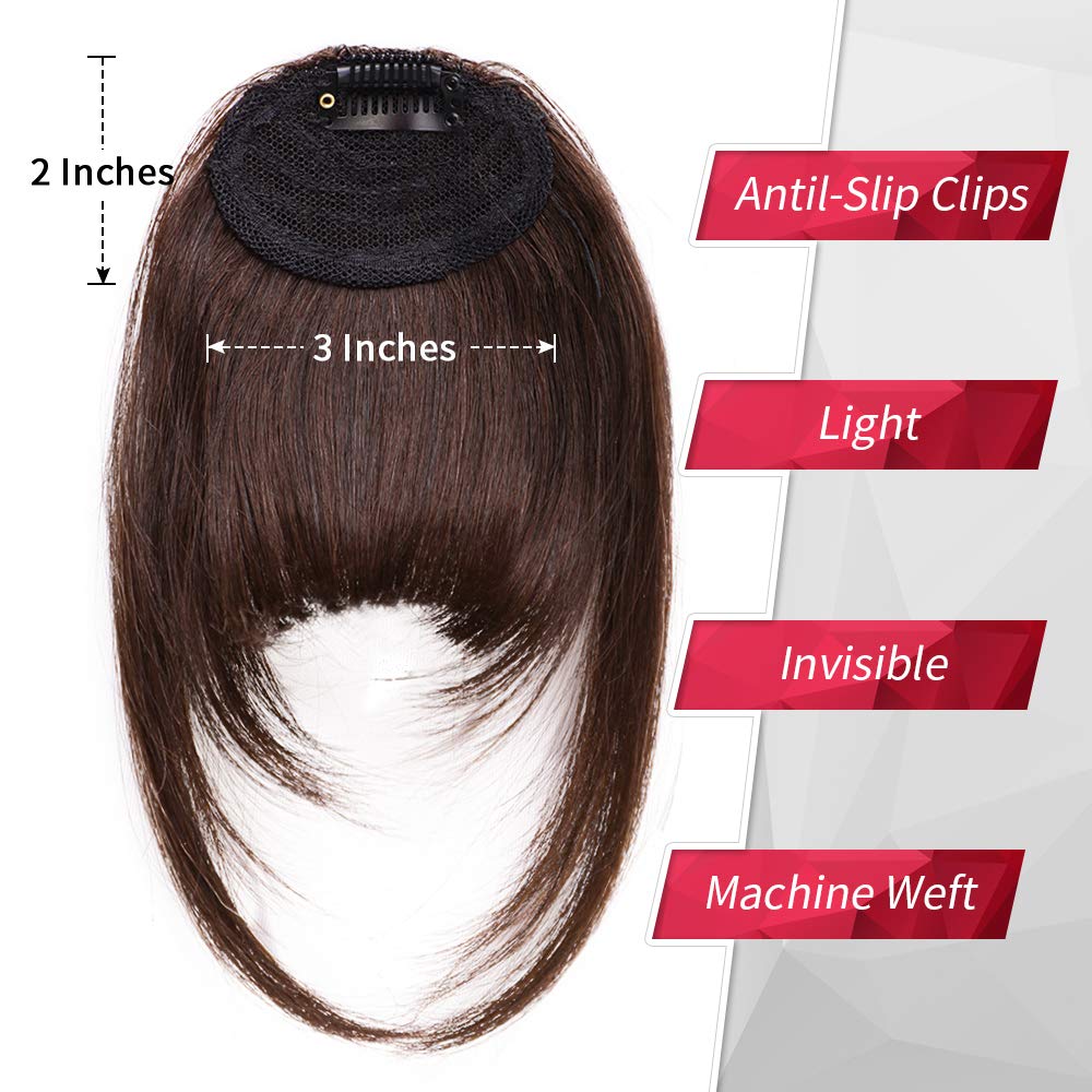 GongXiu – Extensiones de cabello humano real con clip, color negro natural, flequillo liso y plano con sienes para mujer (marrón rojizo oscuro,